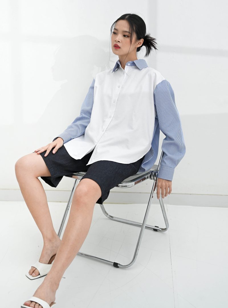 Mela Two Tone White Blue Stripe Oxford Shirt