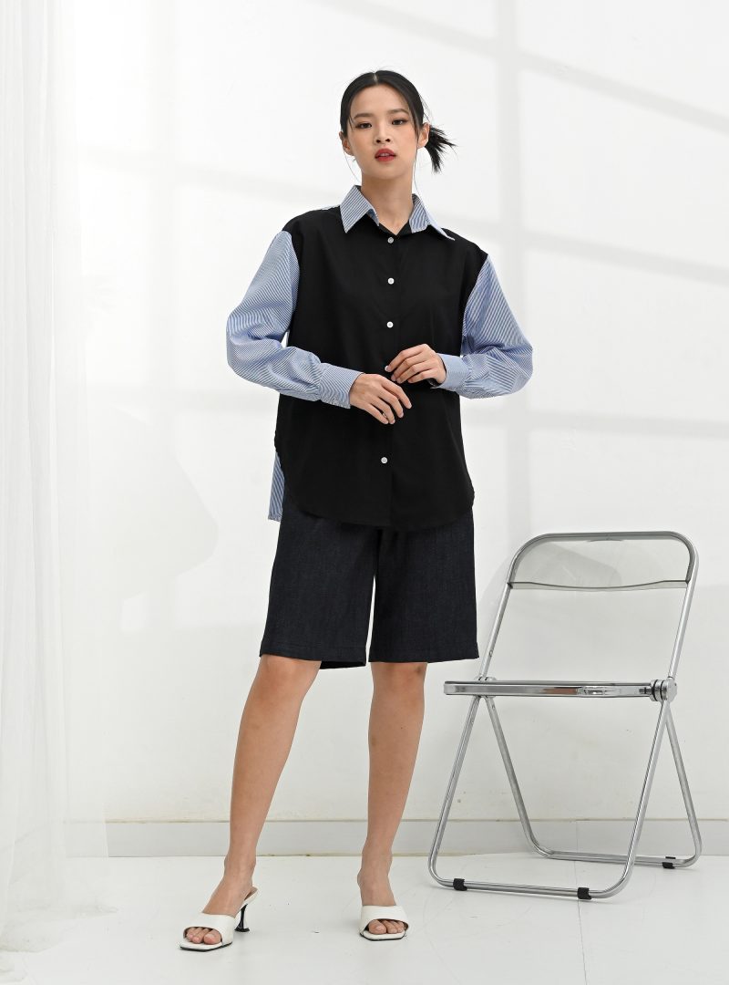 Mela Two Tone Black Blue Stripe Oxford Shirt